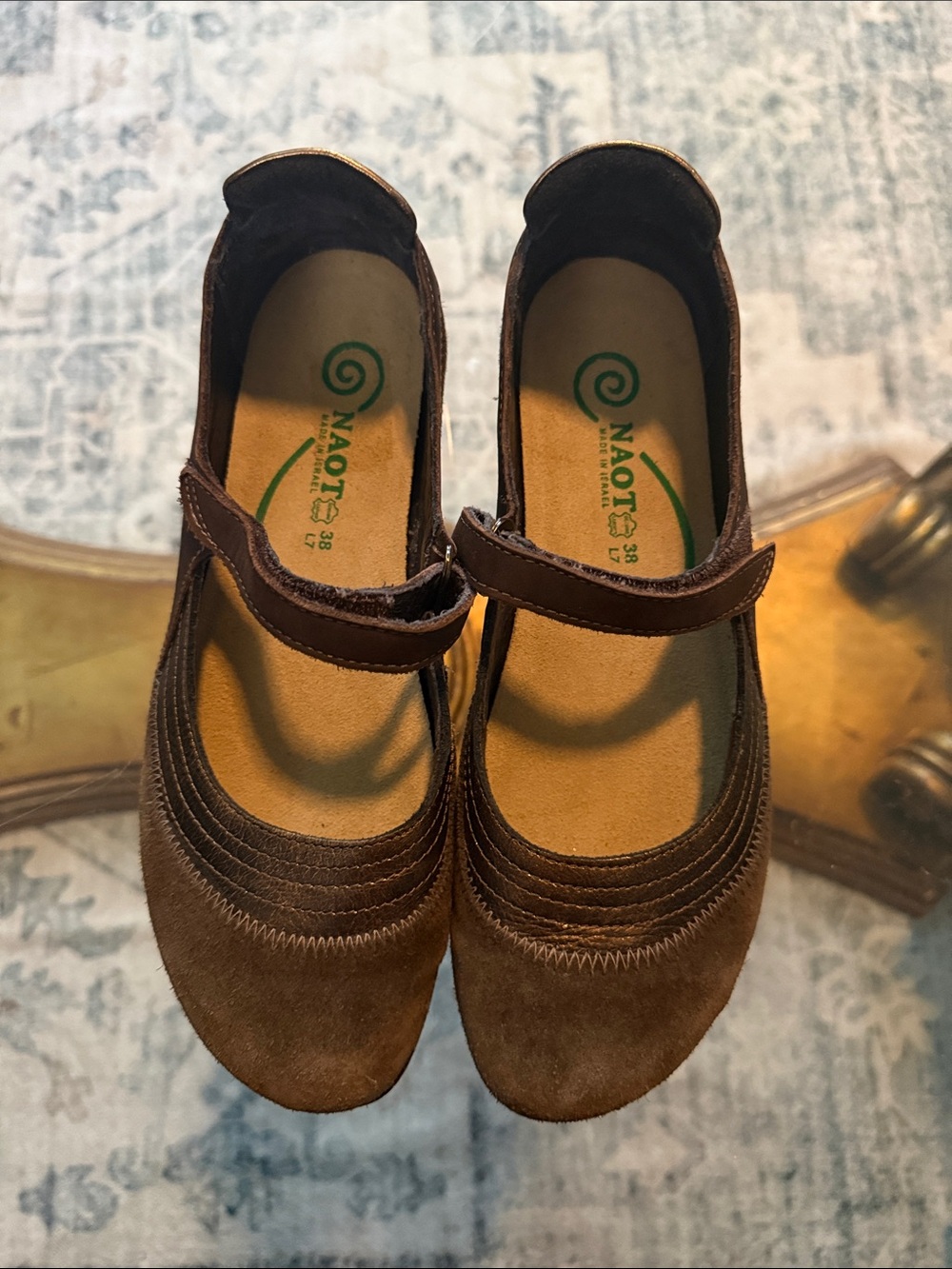 Naot Kirei Brown Suede Bronze Leather Mary Jane Flats with Strap Size 38 L7 - Picture 4 of 8